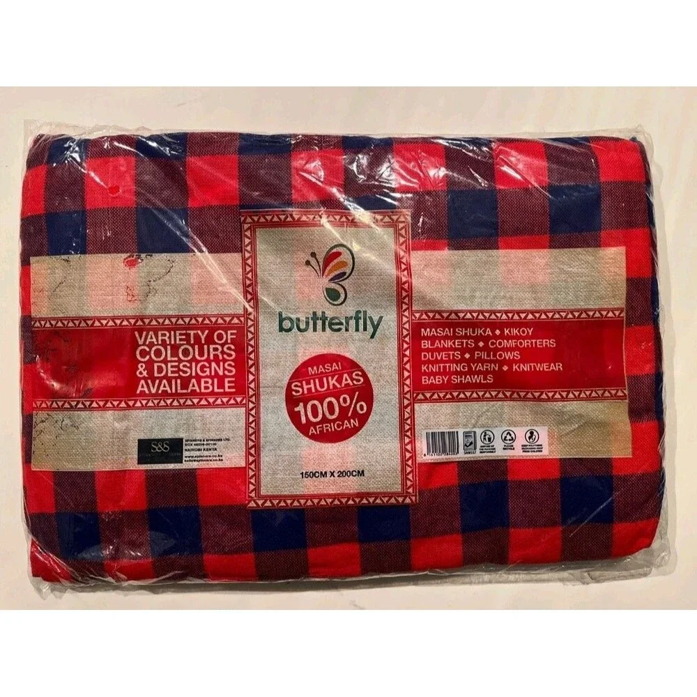 NWT Butterfly Maasai Blanket Shawl Red Blue Plaid 61x79 inch Kenya African Shuka